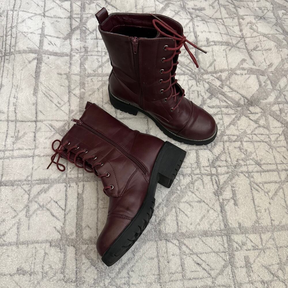 Burgundy Oxblood Lace Up Combat Boots Size 8 Chunky Lug Sole Block Heel - Picture 4 of 6
